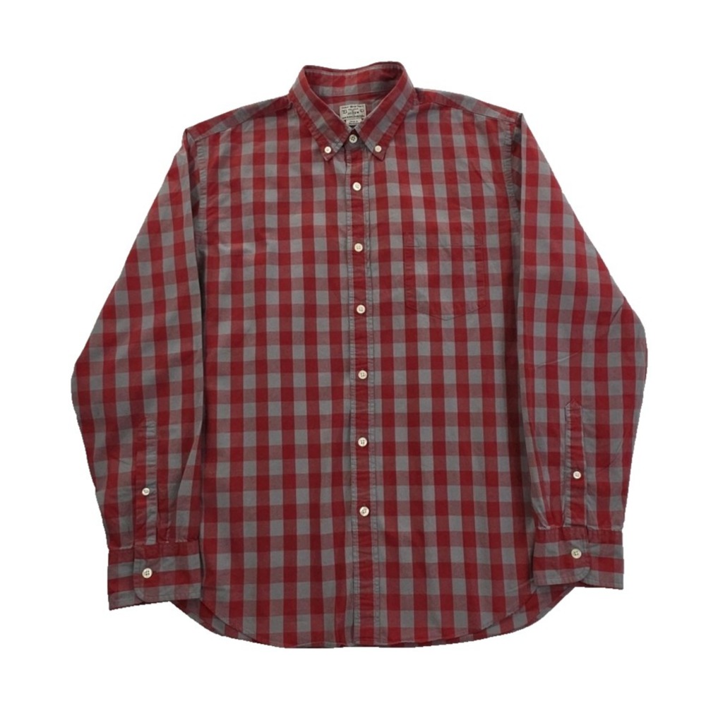 J. Crew Shirt Mens L Large Red Gray Checkered Long Sleeve Button-Up All Cotton